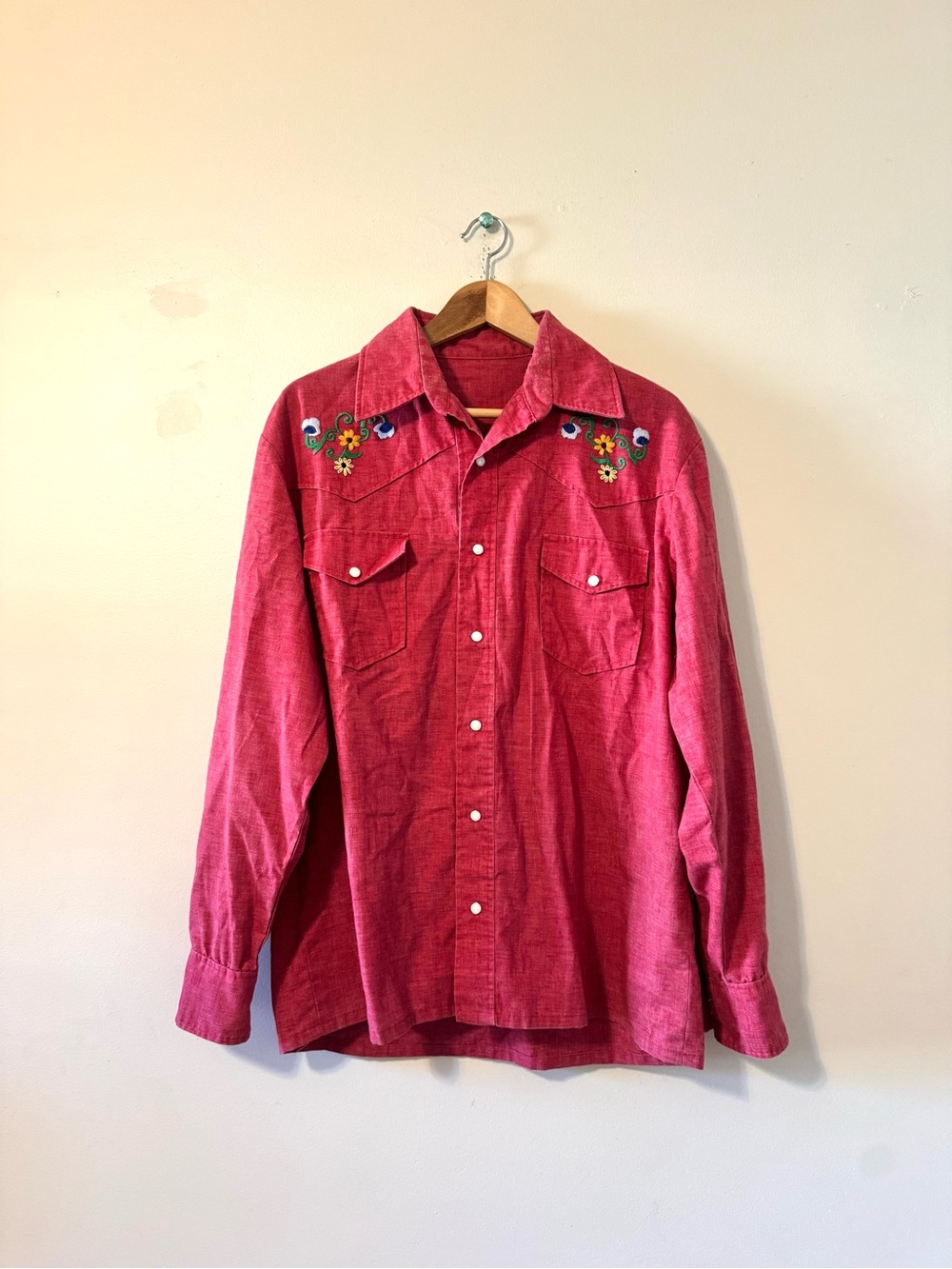 Men's Red Embroidered Western Shirt pearl snap floral handmade - medium